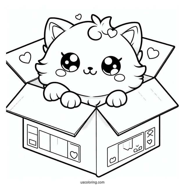 Kawaii Cat In Box Coloring In