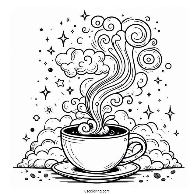Magical Coffee Coloring Pages Of Cup With Clouds And Stars