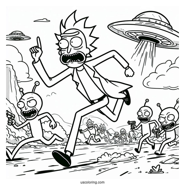 Rick And Morty Running From Aliens Coloring Page