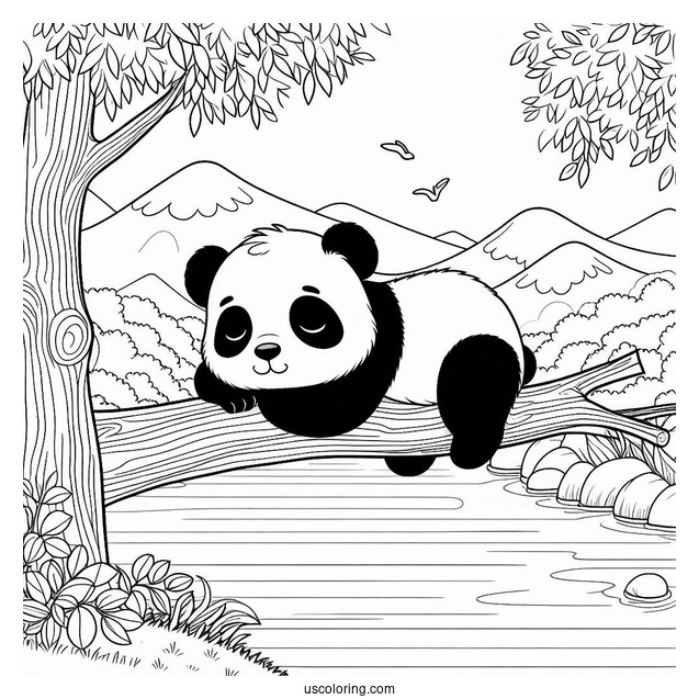 Peaceful Panda Coloring Page Sleeping on a Tree Branch Overlooking a Lake