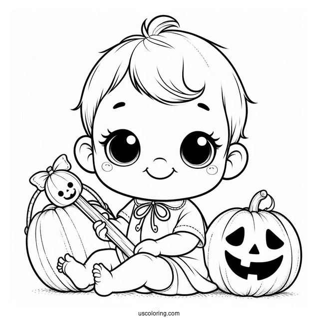 Smiling Baby Coloring Page In a Jack O Lantern Costume