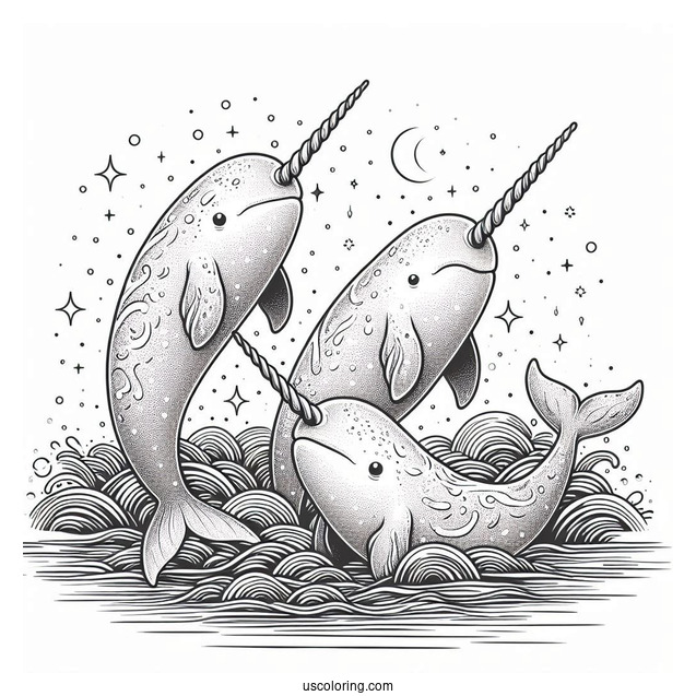 Three Realistic Narwhal Coloring Page Whales Emerging From Water