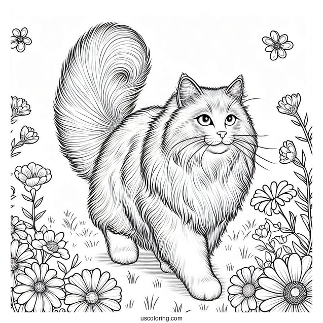 Siberian Cat Walking On Flower Field Coloring In