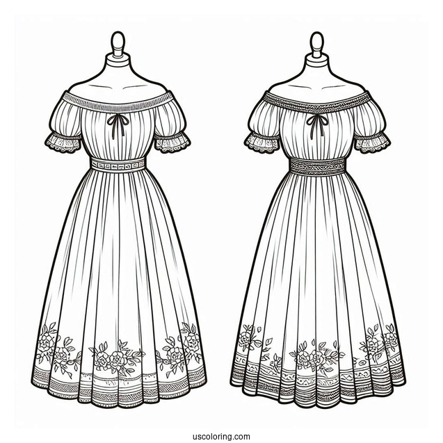 Off Shoulder Long Dress Coloring Page For Kids