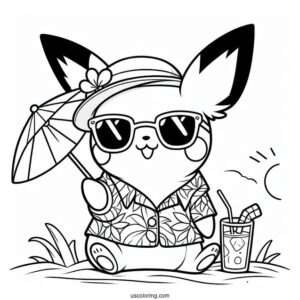 Pichu Coloring Page In Sunglasses And Hawaiian Shirt At The Beach