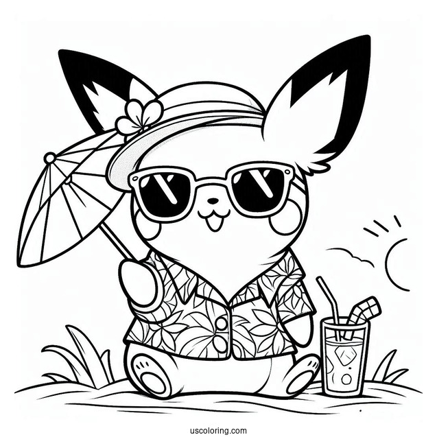 Pichu Coloring Page In Sunglasses And Hawaiian Shirt At The Beach