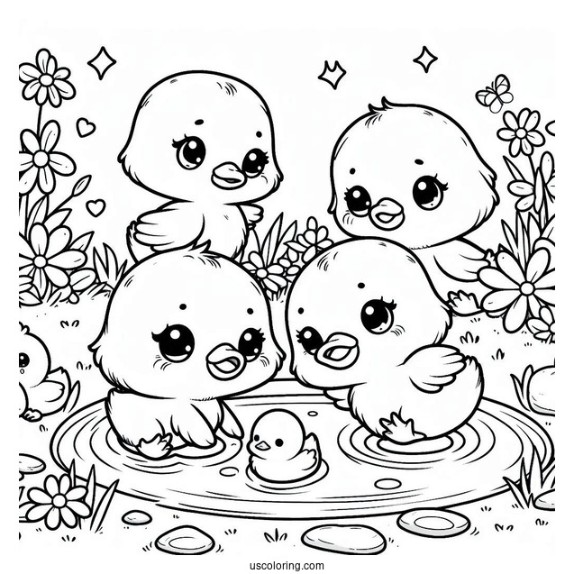 Kawaii Ducklings Playing In A Pond Coloring Page For Preschoolers