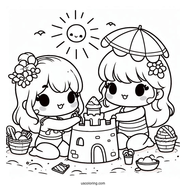 Summer Coloring Page Of Cute Chibi Children Making A Sandcastle For Kids