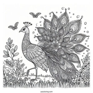 Peacock Coloring Page with Decorative Feathers In Woodland Meadow