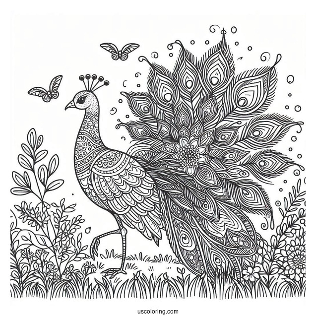 Peacock Coloring Page with Decorative Feathers In Woodland Meadow