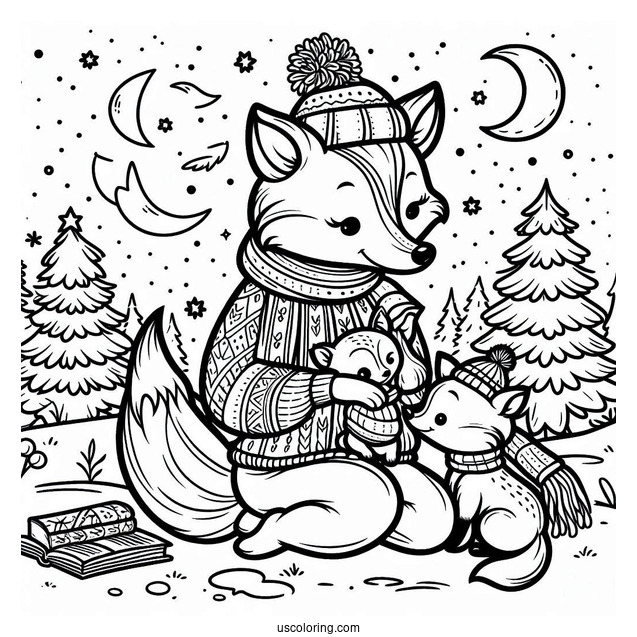 Mama Fox Coloring Page Reading To Baby Fox In Winter Christmas