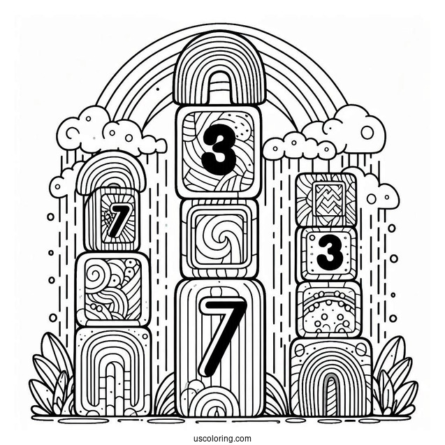 Tall Numberblocks Coloring Page 7 With Rainbows
