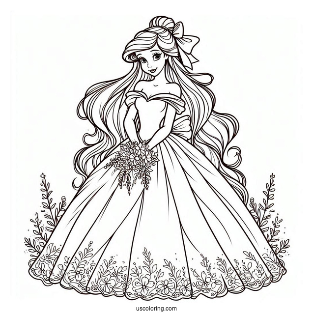 Pretty Ariel In Gown Coloring Sheet