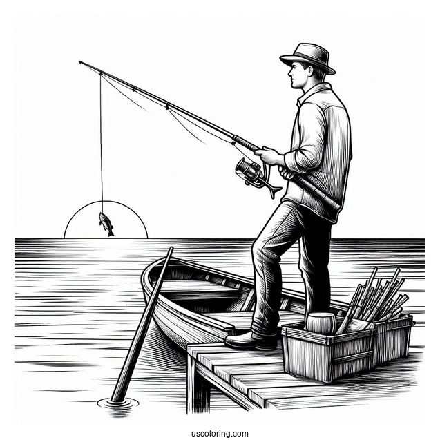 Realistic Man Standing In A Boat With Fishing Coloring Page Rod