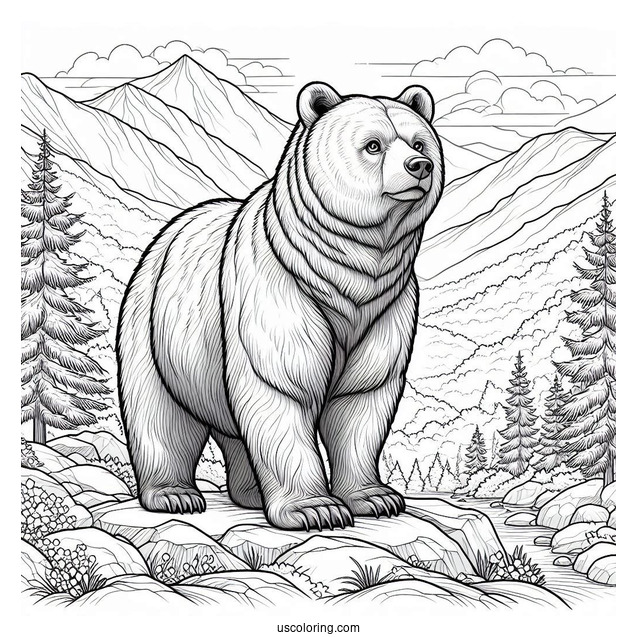 Realistic Bear Coloring Page Standing Up In Mountainside
