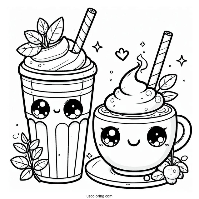 Cute Coffee Coloring Pages Of Cup Next To Cup Of Iced Beverage