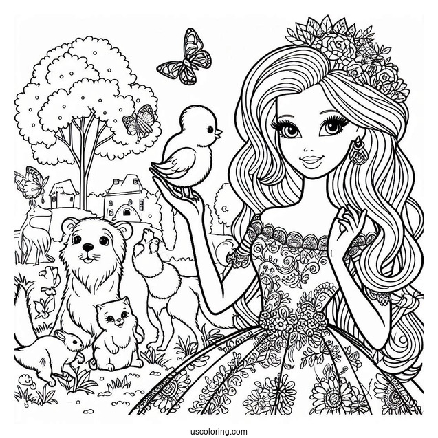 Barbie In Beautiful Dress And Animals