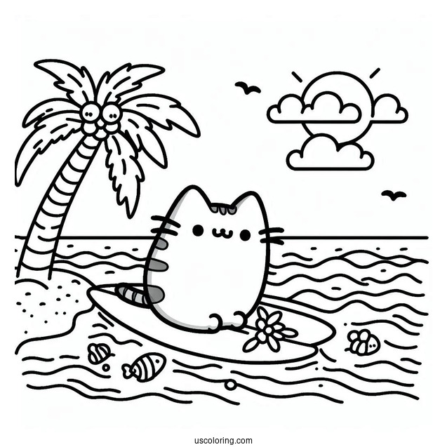 Pusheen Surfing At The Beach