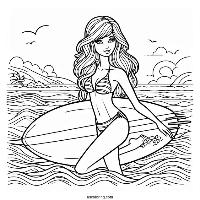 Surfer Barbie At Beach To Color