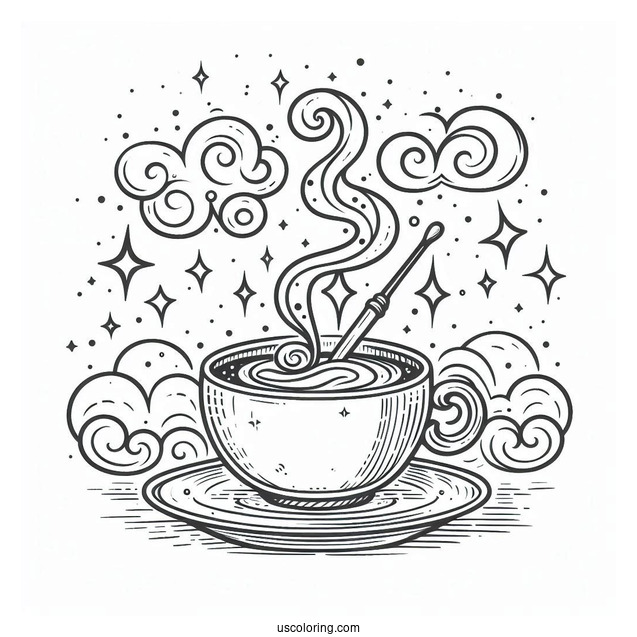 Magical Coffee Coloring Pages Of Cup With Clouds And Stars