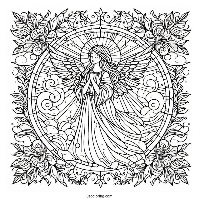 Beautiful Angel In The Sky Stained Glass Coloring Page