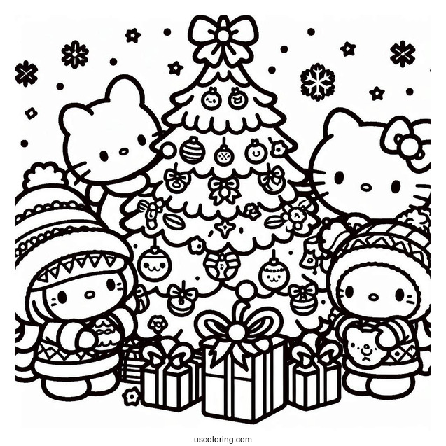 Sanrio Coloring Pages Of Friends Decorating Christmas Tree
