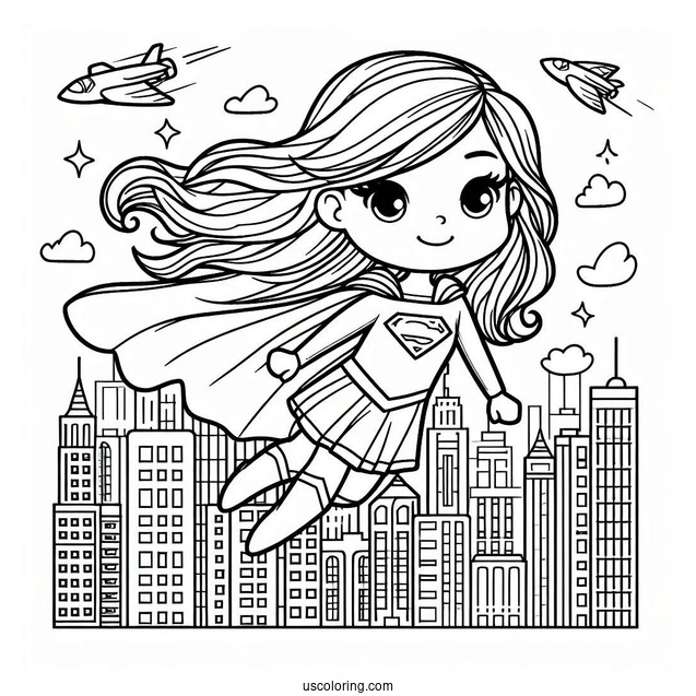 Cute Supergirl Coloring Page Flying Through The City For Preschoolers