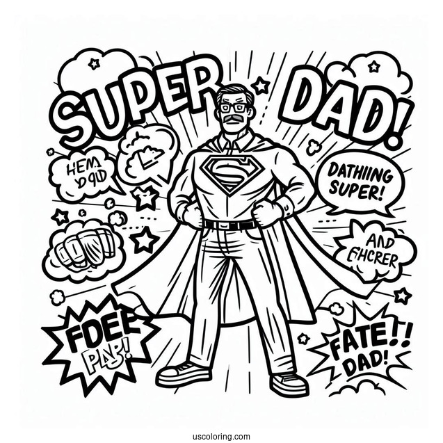 Father's Day Coloring Page Of Comic Super Dad Words For Kids