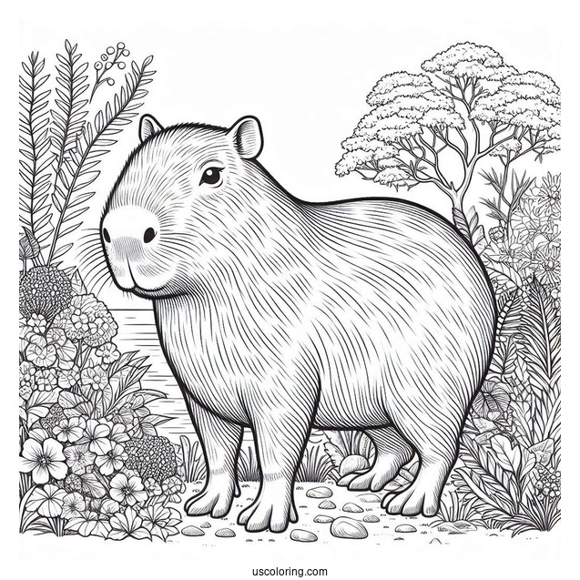 Large Capybara Coloring Page In The Garden