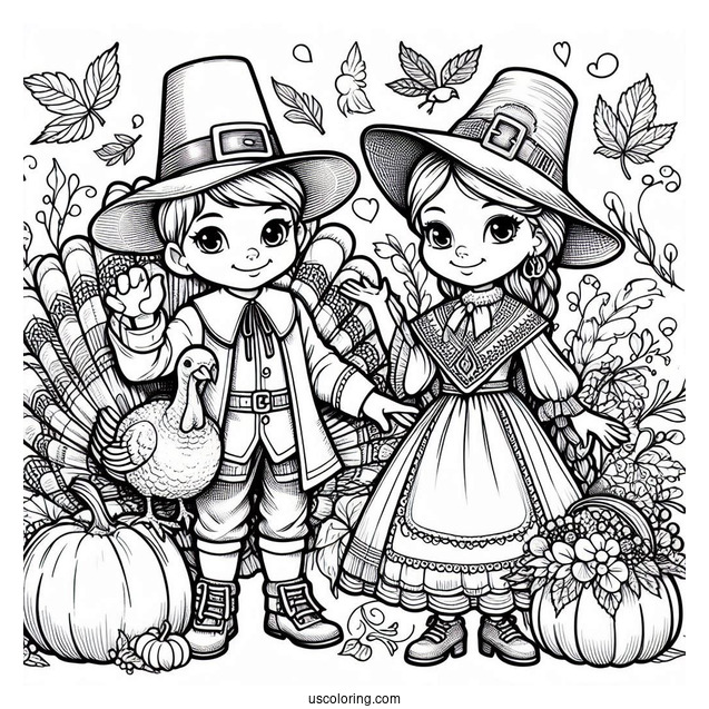 Man And Woman Pilgrim Coloring Page With Turkey And Pumpkin