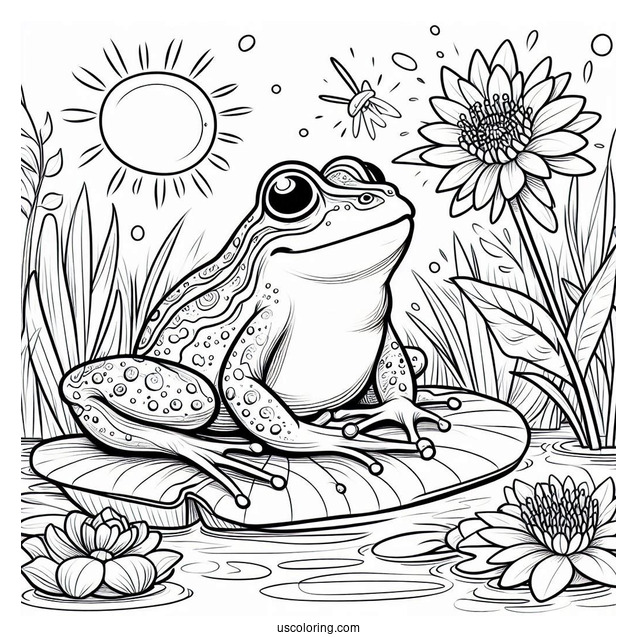 Frog On Lily Pad In Spring Coloring Page