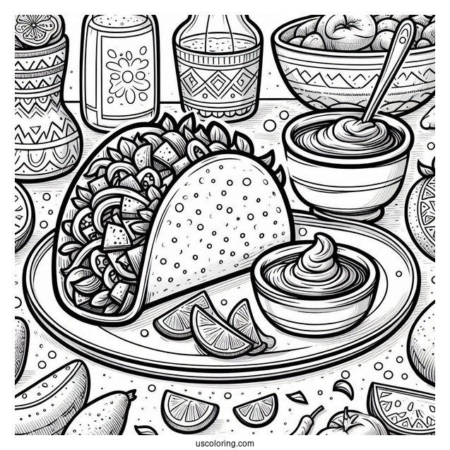 Taco Coloring Page On A Plate With Salsa