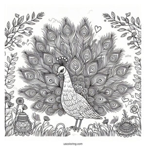 Peacock Coloring Page with Decorative Feathers In Woodland Meadow