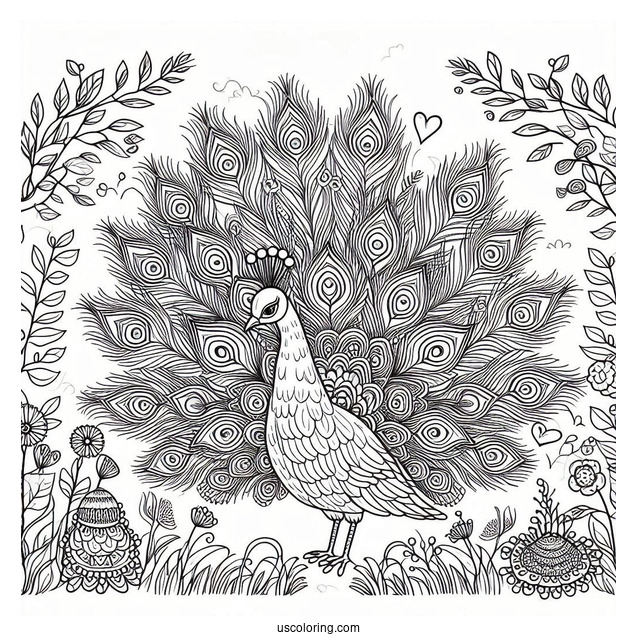 Peacock Coloring Page with Decorative Feathers In Woodland Meadow