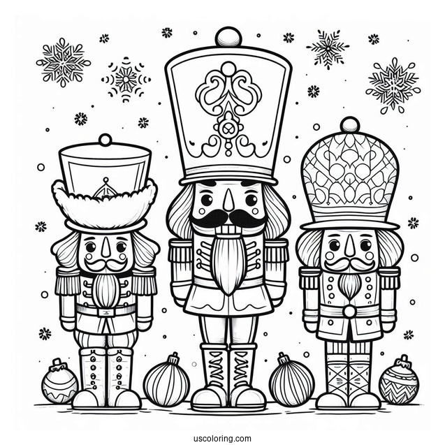 Nutcracker Coloring Page Wearing Different Hats With Snow In The Background