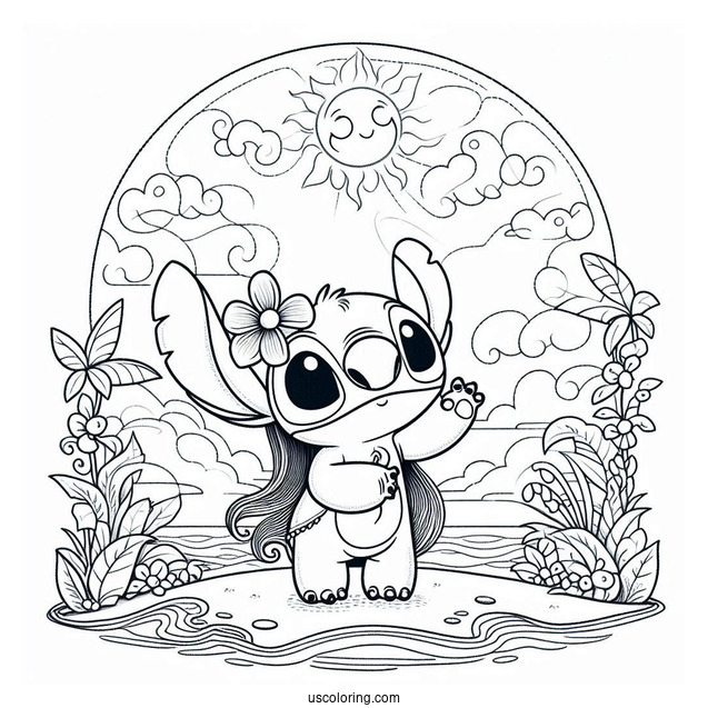 Stitch Standing Under The Sun Coloring Page For Kids