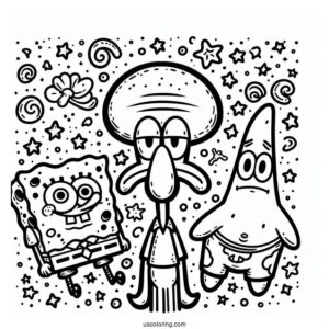 Detailed Squidward Coloring Page With SpongeBob And Patrick Star