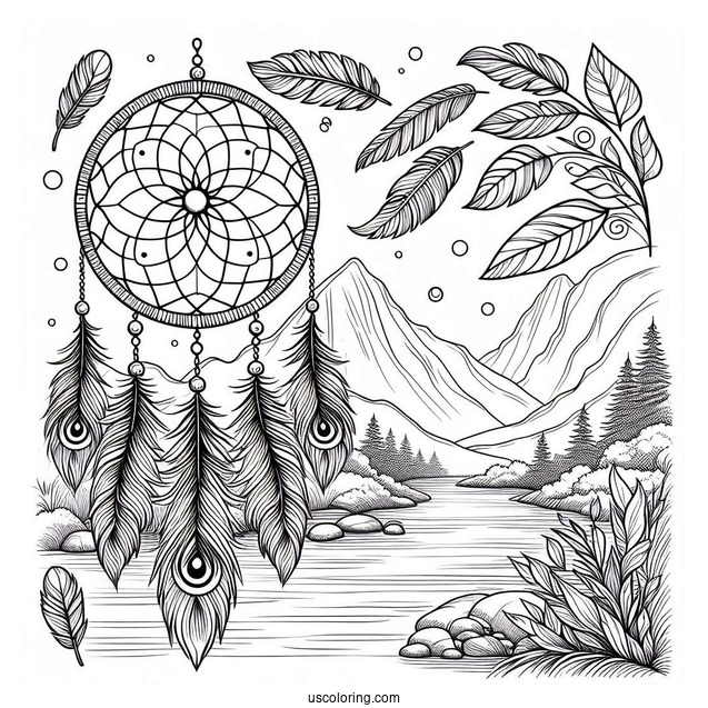 Dreamcatcher With Peacock Coloring Page Feathers Over River Landscape