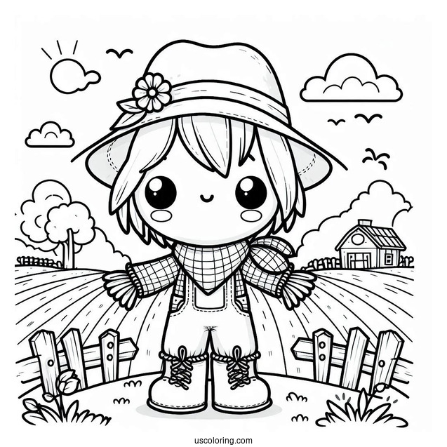 Kawaii Little Scarecrow Coloring Page On A Farm Field For Kids