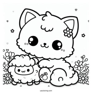 Kawaii Cat Sitting On A Fluffy Sheep Coloring Page