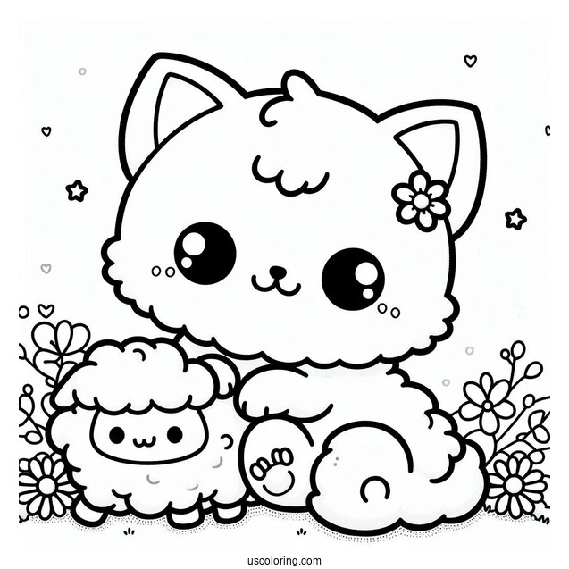 Kawaii Cat Sitting On A Fluffy Sheep Coloring Page