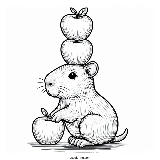 Baby Capybara Coloring Page Balancing Three Apples On Its Head For Kids