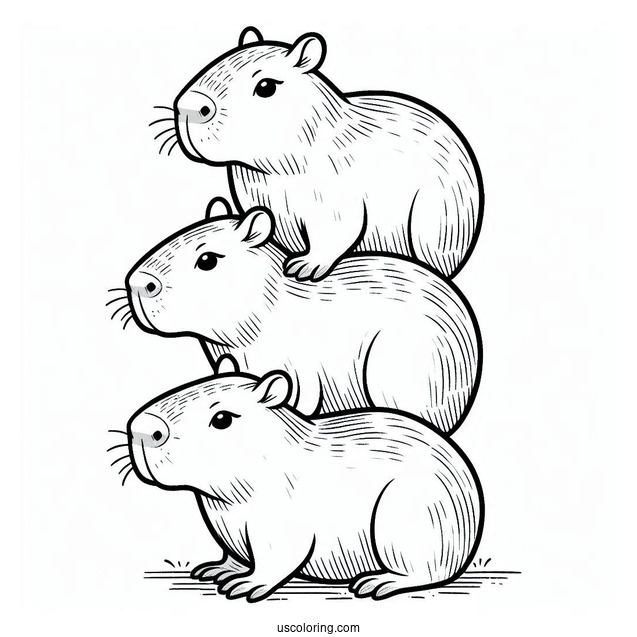 Three Capybara Coloring Page Piled On Top Of Each Other For Preschoolers
