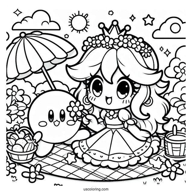 Cute Princess Daisy Coloring Page Having Picnic With Kirby
