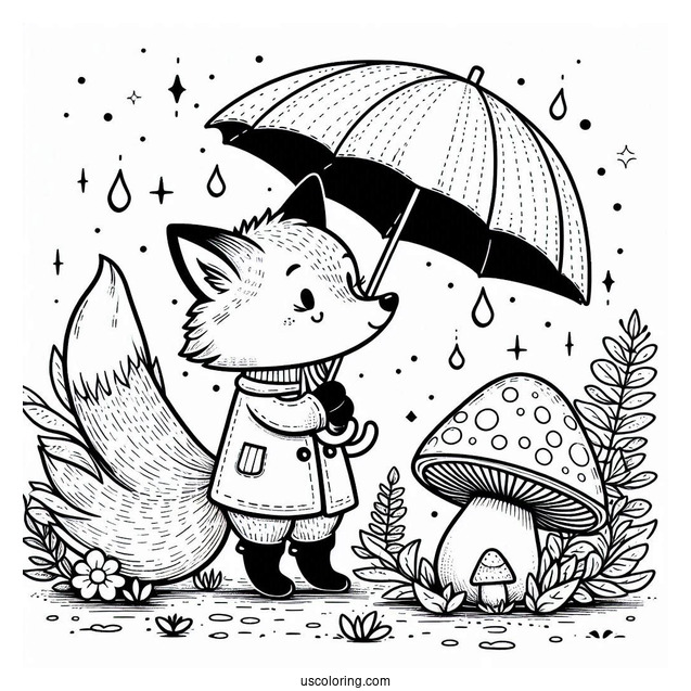 Fox Coloring Page In A Raincoat With Umbrella Standing On A Mushroom