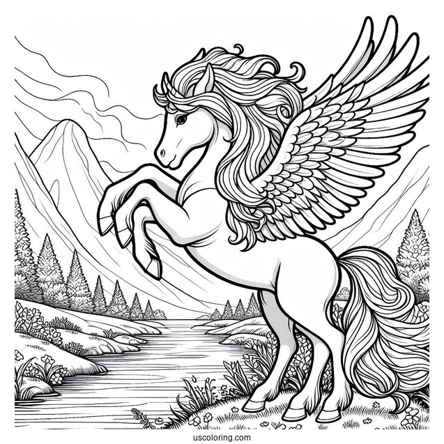 Beautiful Pegasus Coloring Page Standing By The River