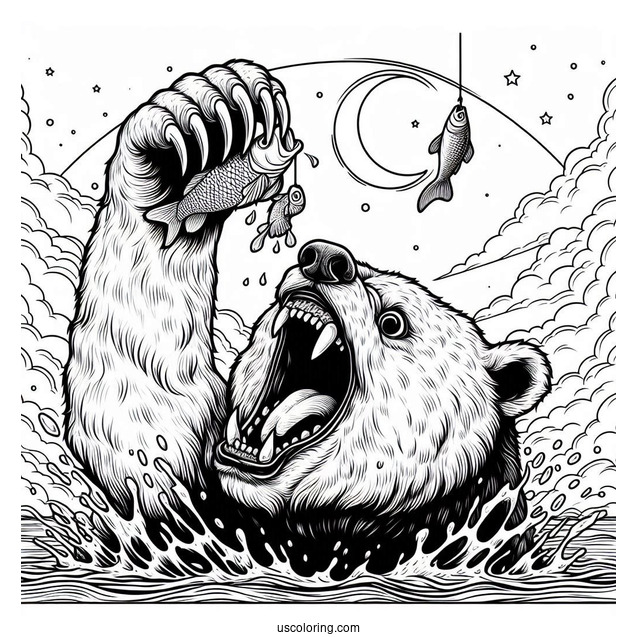 Scary Bear Coloring Page Catching Fish In The Air