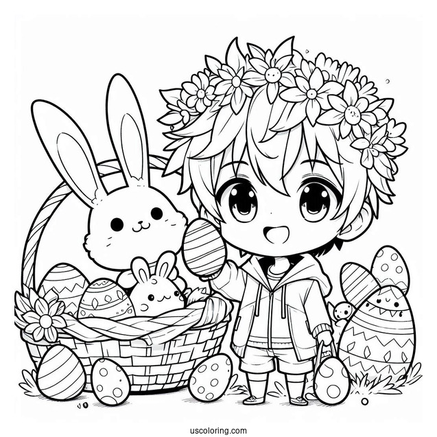 Easter Coloring Page Of Cute Anime Boy With Easter Bunny And Eggs For Kids
