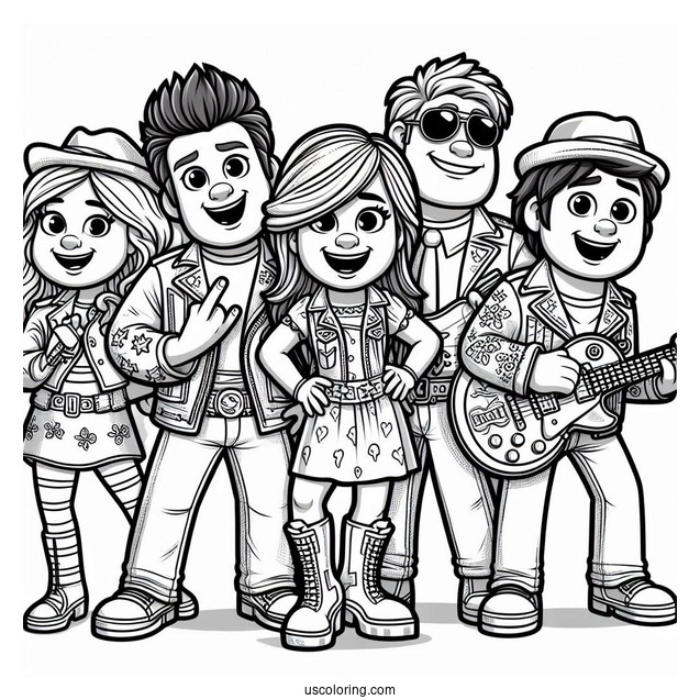 Sing Coloring Page Of Clay, Rosita, Johnny, Meena, Ash, And Friends In Rock N Roll Costumes