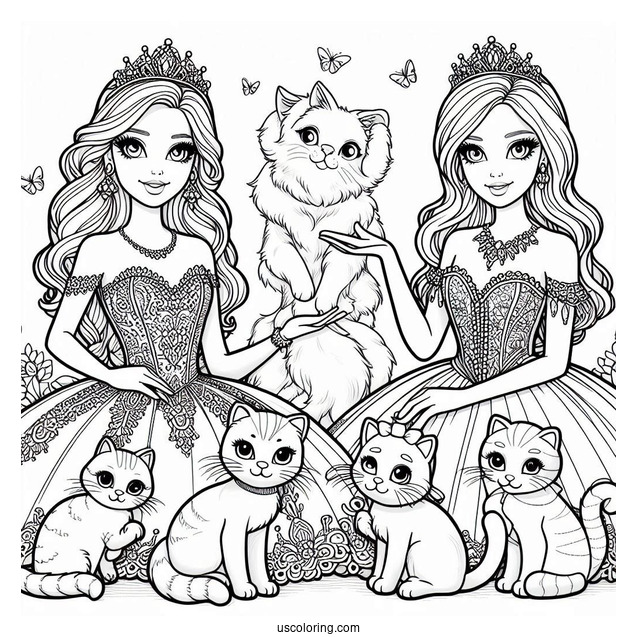 Princess Barbies With Cats Coloring Sheet
